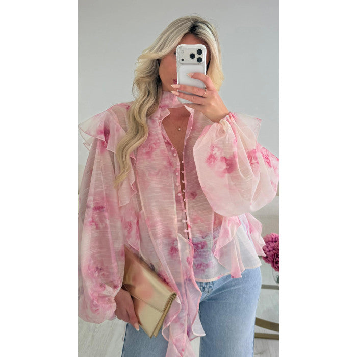 Chemise toile fleurs rose